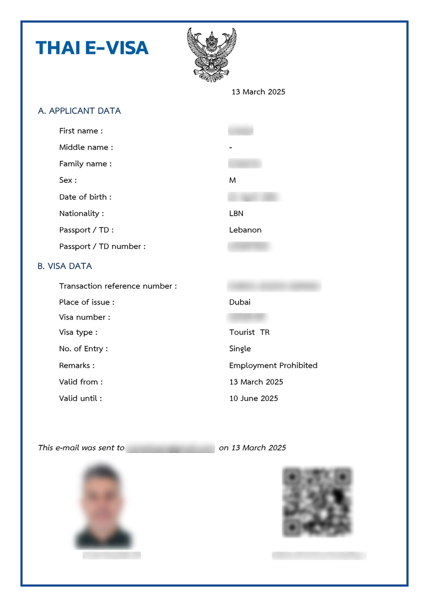 Example of a Thailand e-Visa document